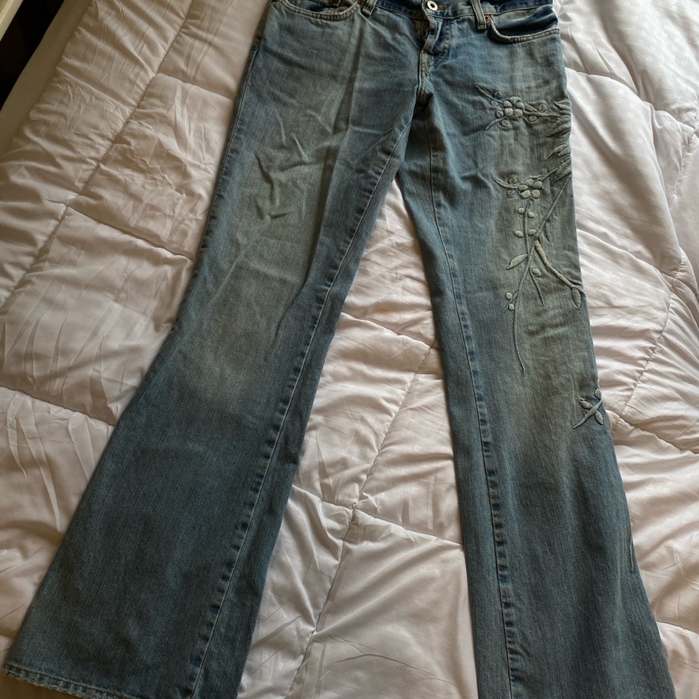 Lucky Brand Blue Floral Embroidered Flare Jeans